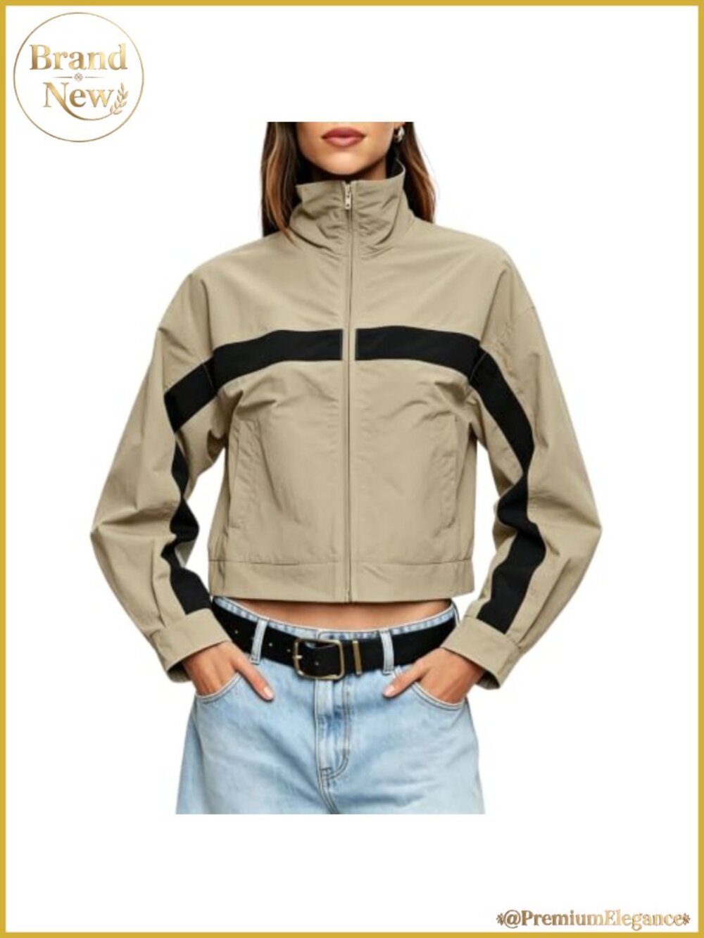 Women's Cropped Funnel Neck Windbreaker Zip Up Casual Jacket